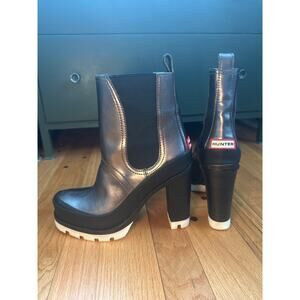Hunter Original Chunky Block High Heel Chelsea Rain Boot Silver Black UK 8